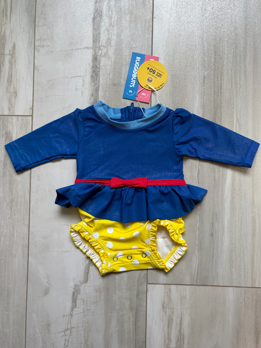 NWT RuffleButts Apple Princess Colorful Long Sleeve Rash Guard Swimsuit 0-3M